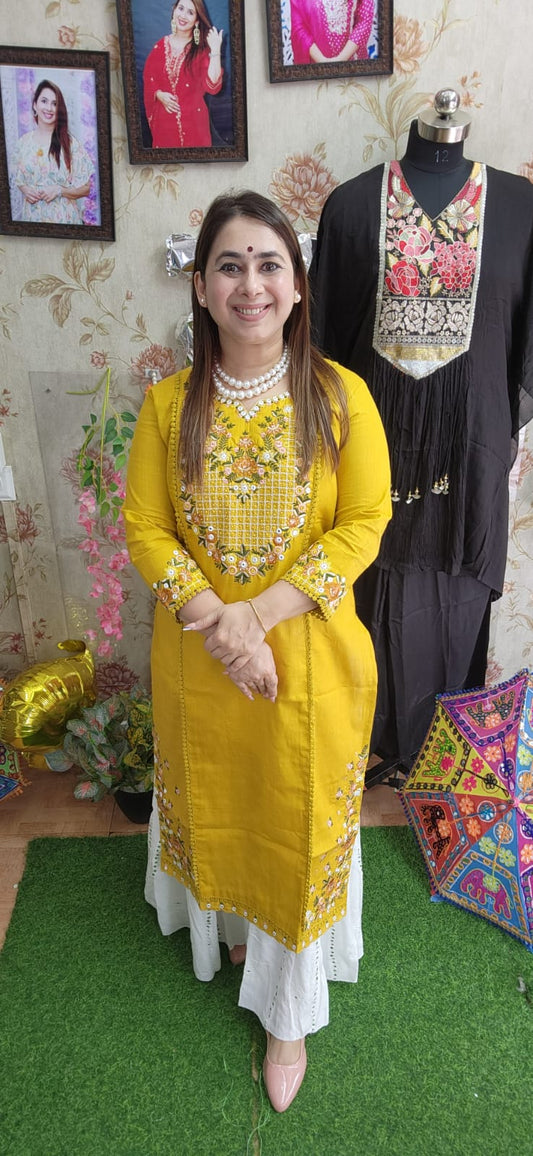 Mustard Yellow Embroidered Kurti